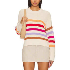 525 'Ida' White Button Shoulder Rib Multi Color Stripe Pullover Sweater Size M